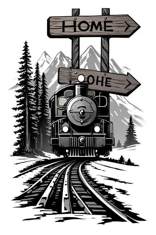 mountain train with a wooded sign that's pointing towards the trail that says home tattoo design idea