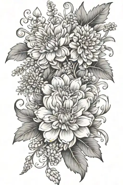 chrysanthemum violet lilly of the valley marigold  tattoo design idea