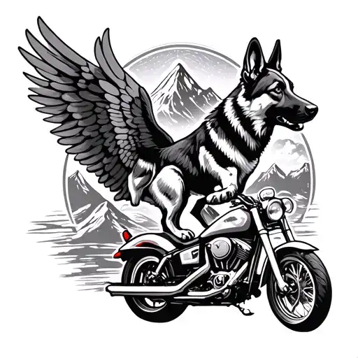 A majestic German Shepherd with wings, soaring over a mountain range and a motorcycle, embodying the spirit of adventure and freedom tattoo design idea
