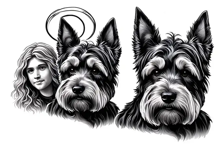Scottie dog with a human with a halo above both of them tattoo design idea
