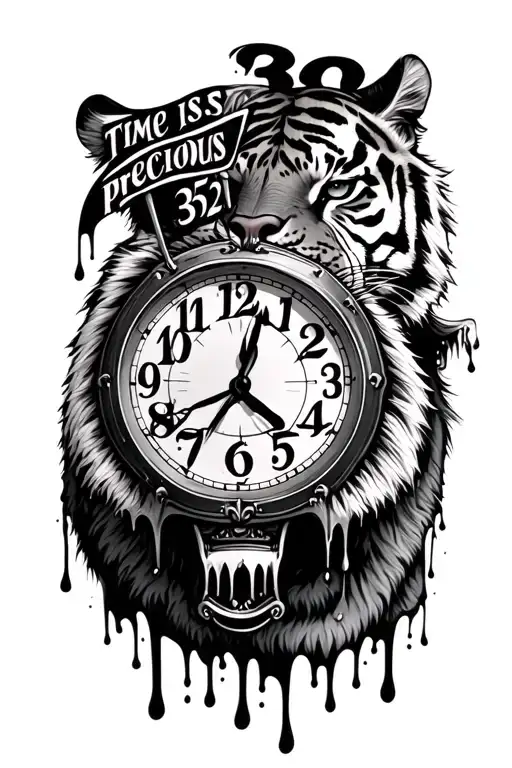Melting Clock with half tiger, Add a interstate sign that says 352 and words that say “time is precious” , shade palm tr tattoo design idea