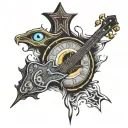 electric guitar, dali clock, eye horus, libra star sign tattoo design idea