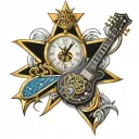 electric guitar, dali clock, eye horus, libra star sign tattoo design idea