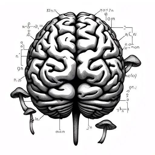 A dotwork tattoo of a brain made up of puzzle pieces, with Morel mushrooms growing out of it and scientific formulas written around it tattoo design idea