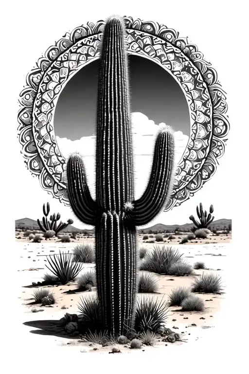 saguaro cactus that has a cool mandala-ish design inside of the cactus with a desert scene background.  tattoo design idea