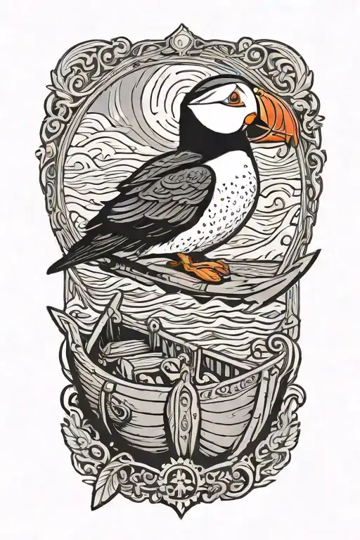 male puffin on a with an old scandinavian viking long boat  tattoo design idea