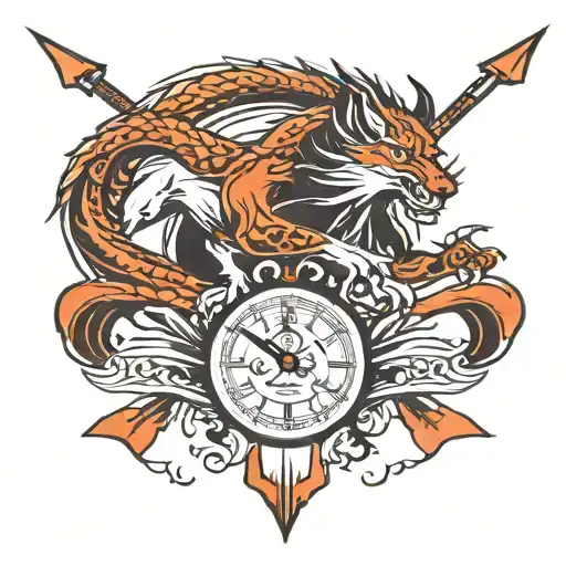 fore arm band with arrow compus clock lower dragon wolf tattoo design idea