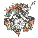 fore arm band with arrow compus clock lower dragon wolf tattoo design idea