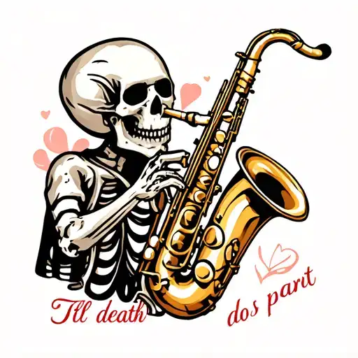 "Til death do us part" skeleton playing saxophone tattoo design idea