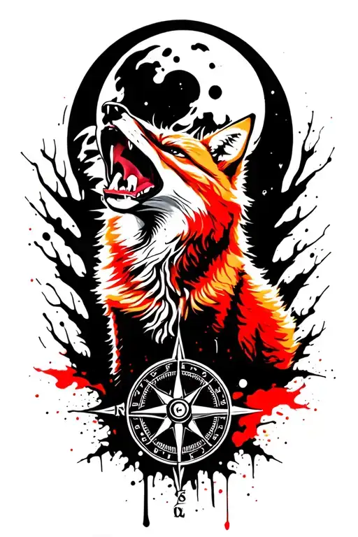 Angry ginger fox howling at the moon with the compass on it in burning forest tattoo design idea