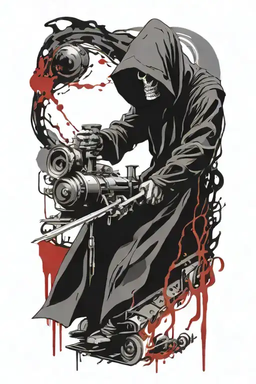 evil grim reaper with a train in the background  tattoo design idea