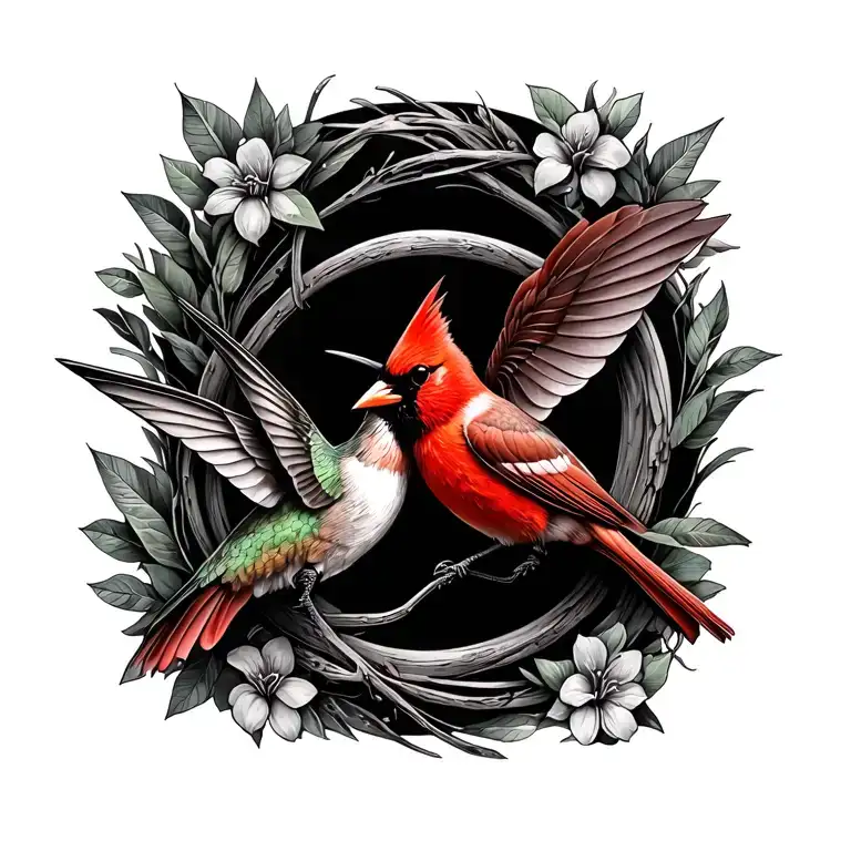 hummingbird and cardinal in infinity symbol made entirely tattoo design idea