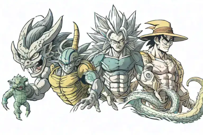 dragon ball z majin vegeta with luffy straw hat, seven dragon ball with shenron with naruto tattoo design idea
