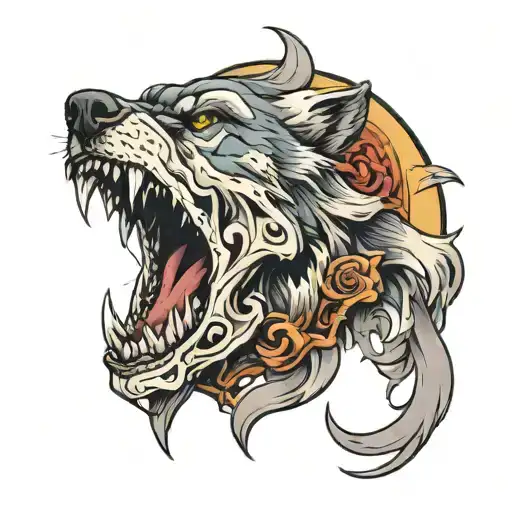 wolf howling over skull soft shading tattoo design idea