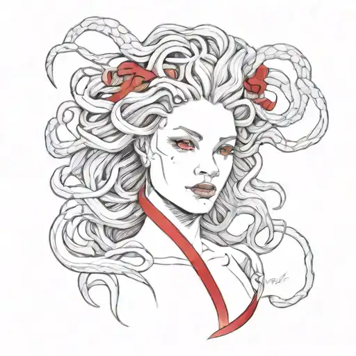 Medusa Gorgon with a red ribbon tattoo design idea