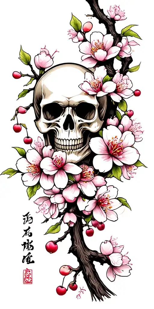 Cherry Blossom branch with Samurai Skull tattoo design idea