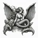 Sexy mermaid sitting on rocks watches the Kraken sink a ship tattoo design idea
