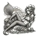 Sexy mermaid sitting on rocks watches the Kraken sink a ship tattoo design idea