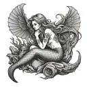Sexy mermaid sitting on rocks watches the Kraken sink a ship tattoo design idea