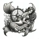 Sexy mermaid sitting on rocks watches the Kraken sink a ship tattoo design idea