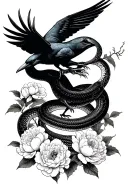 a crow in midflight attacking a snake, which is wrapped around the crow and several japanese style peonies tattoo design idea