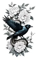 a crow in midflight attacking a snake, which is wrapped around the crow and several japanese style peonies tattoo design idea