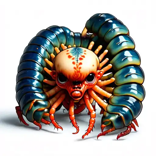 Create an image of a grotesque centipede made of conjoined baby doll parts. The centipede's body is formed from multiple tattoo design idea