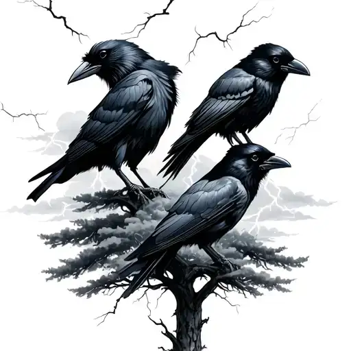 4 crows with trees and cloudy lightning storm  tattoo design idea
