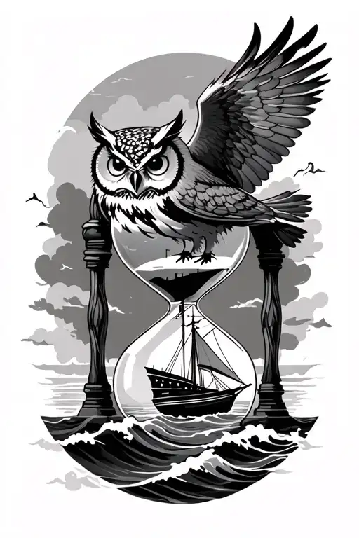 an owl Over an hourglass Besides a sail boat on Waves tattoo design idea