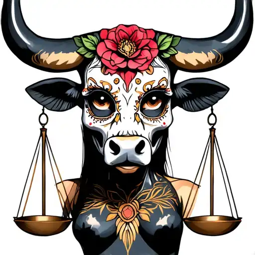woman body bull with sugar skull markings, brown eyes and two Libra scales and dark background tattoo design idea