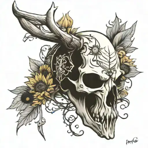 deer skull, sunflowers, runes engraved tattoo design idea