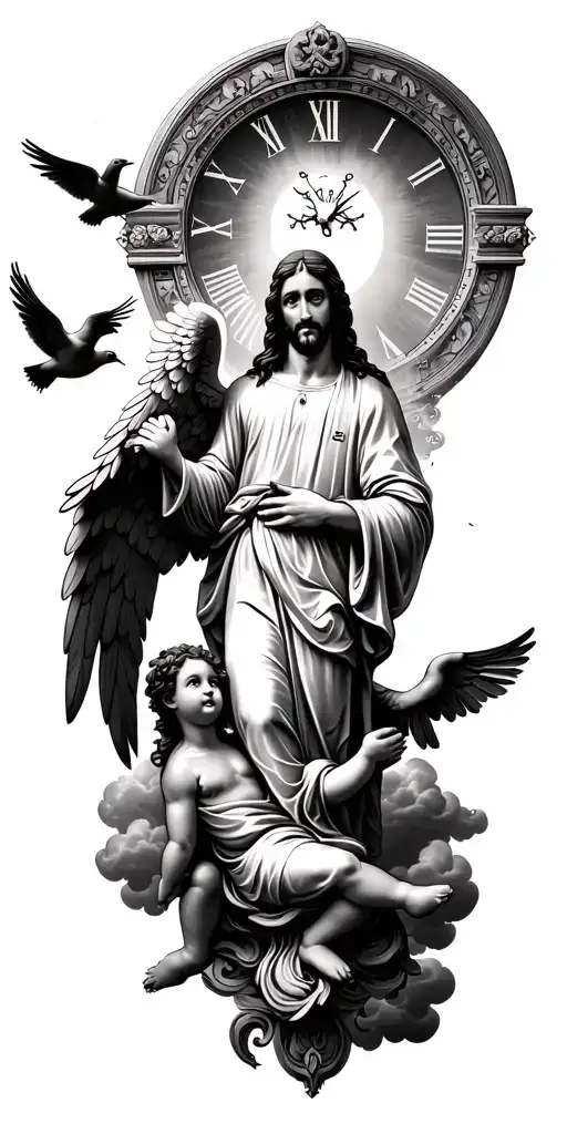 Jesus heaven clouds doves baby an angel and a clock tattoo design idea