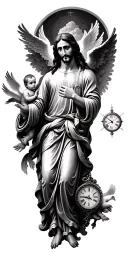 Jesus heaven clouds doves baby an angel and a clock tattoo design idea