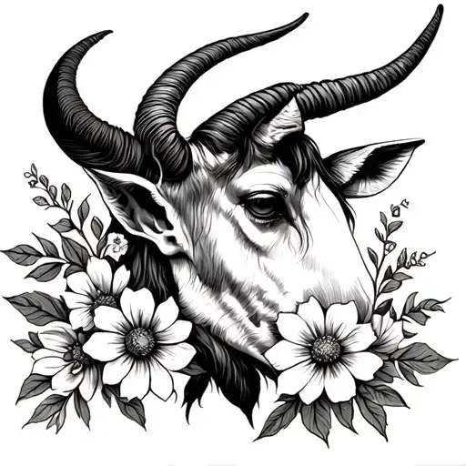Ba ear and a capricorn together with austrian edelweiß flowers tattoo design idea