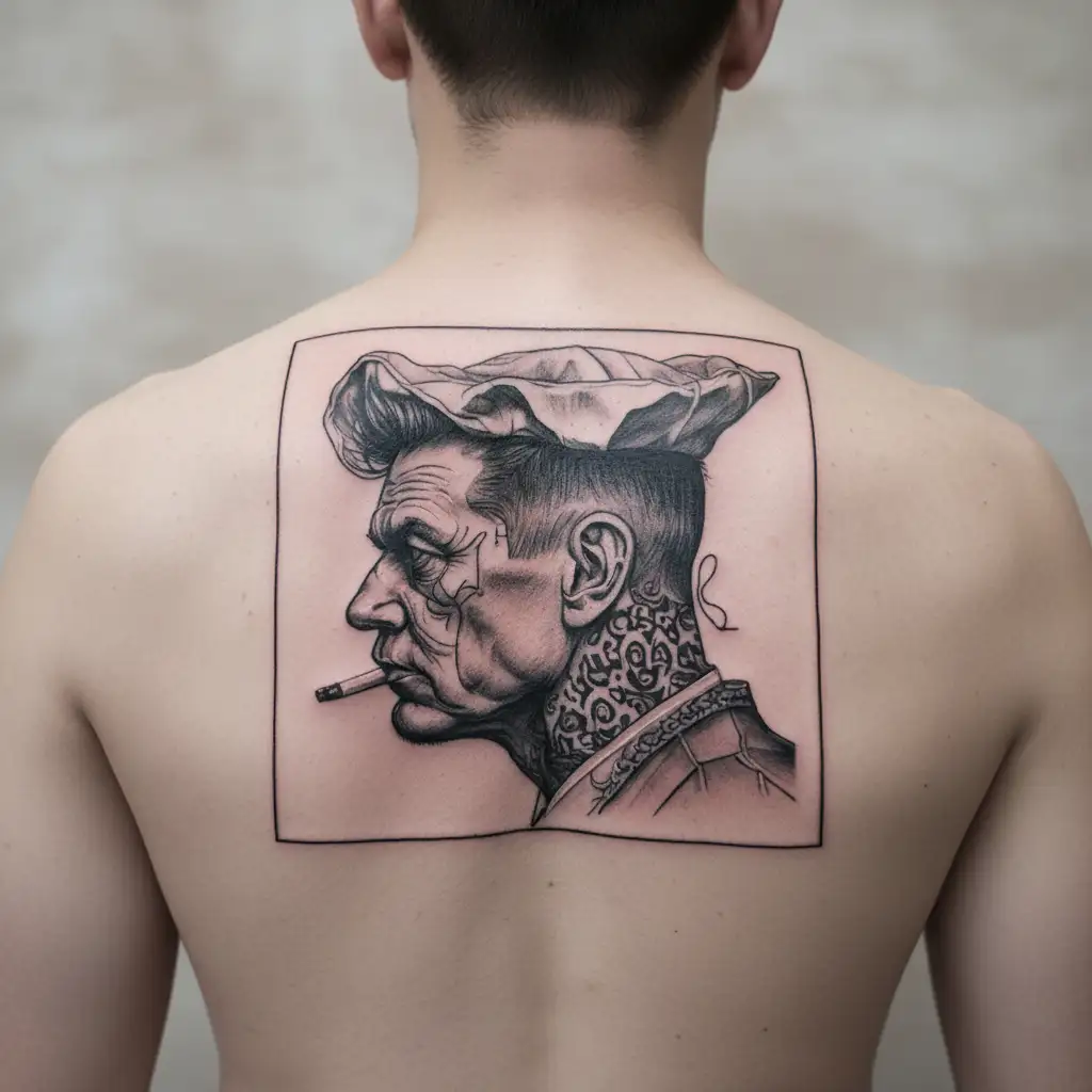 A portrait of a notorious gangster from Des Moines, with subtle nods to the client's own mafia background tattoo design idea