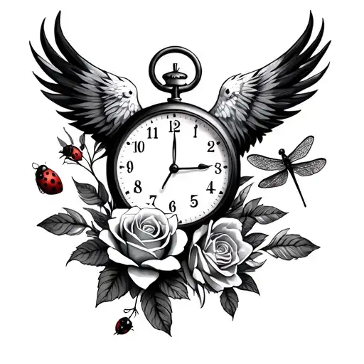 phoenix, rose, dragonfly, ladybug, stop watch tattoo design idea