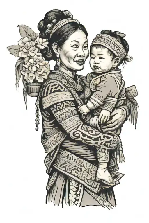 hmong mom carrying her child tattoo design idea