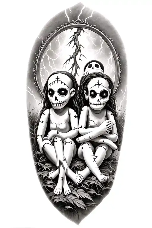 three voodoo doll sitting side by side and nature and lightning tattoo design idea