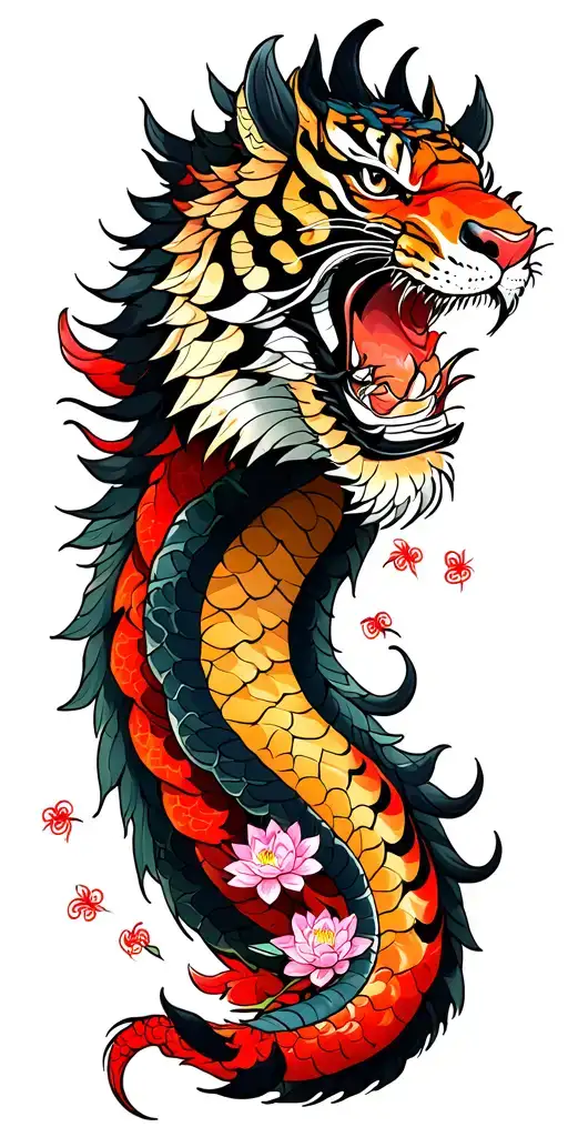 dragon, tiger head, kyubi, snake, phœnix, grue, lycoris, Sakura flower, lotus flower, shrine and red tree tattoo design idea