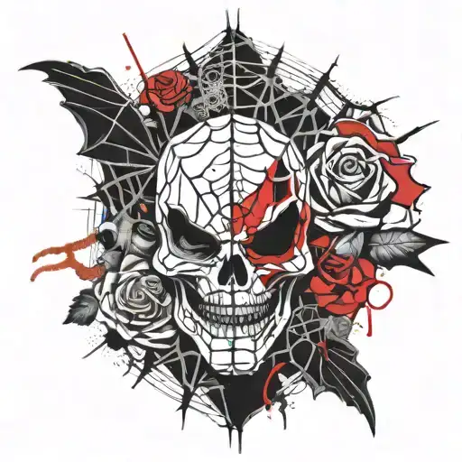 Evil chick stitched up mouth, spiders and roses with webs tattoo design idea