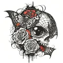 Evil chick stitched up mouth, spiders and roses with webs tattoo design idea