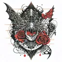 Evil chick stitched up mouth, spiders and roses with webs tattoo design idea