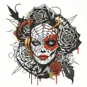 Evil chick stitched up mouth, spiders and roses with webs tattoo design idea