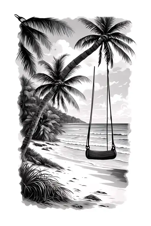 Caribbean beach scene with palm trees and a hanging swing tattoo design idea