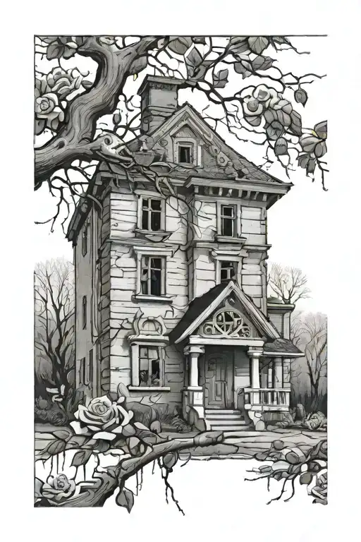 the bird flying away Abandoned Stalin-era house, roses, tree roots tattoo design idea