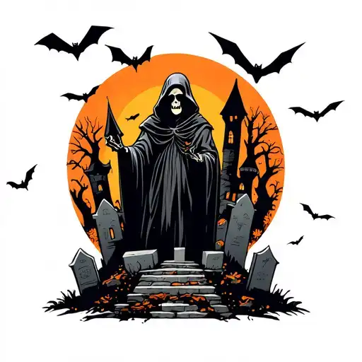 grim reaper with background a ghost castle and graveyard with hand come from the tomb and bats fly around  tattoo design idea