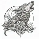 Wolf howling at a mechanical moon with dotwork details tattoo design idea