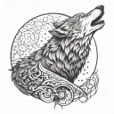 Wolf howling at a mechanical moon with dotwork details tattoo design idea