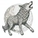 Wolf howling at a mechanical moon with dotwork details tattoo design idea