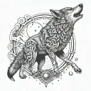Wolf howling at a mechanical moon with dotwork details tattoo design idea